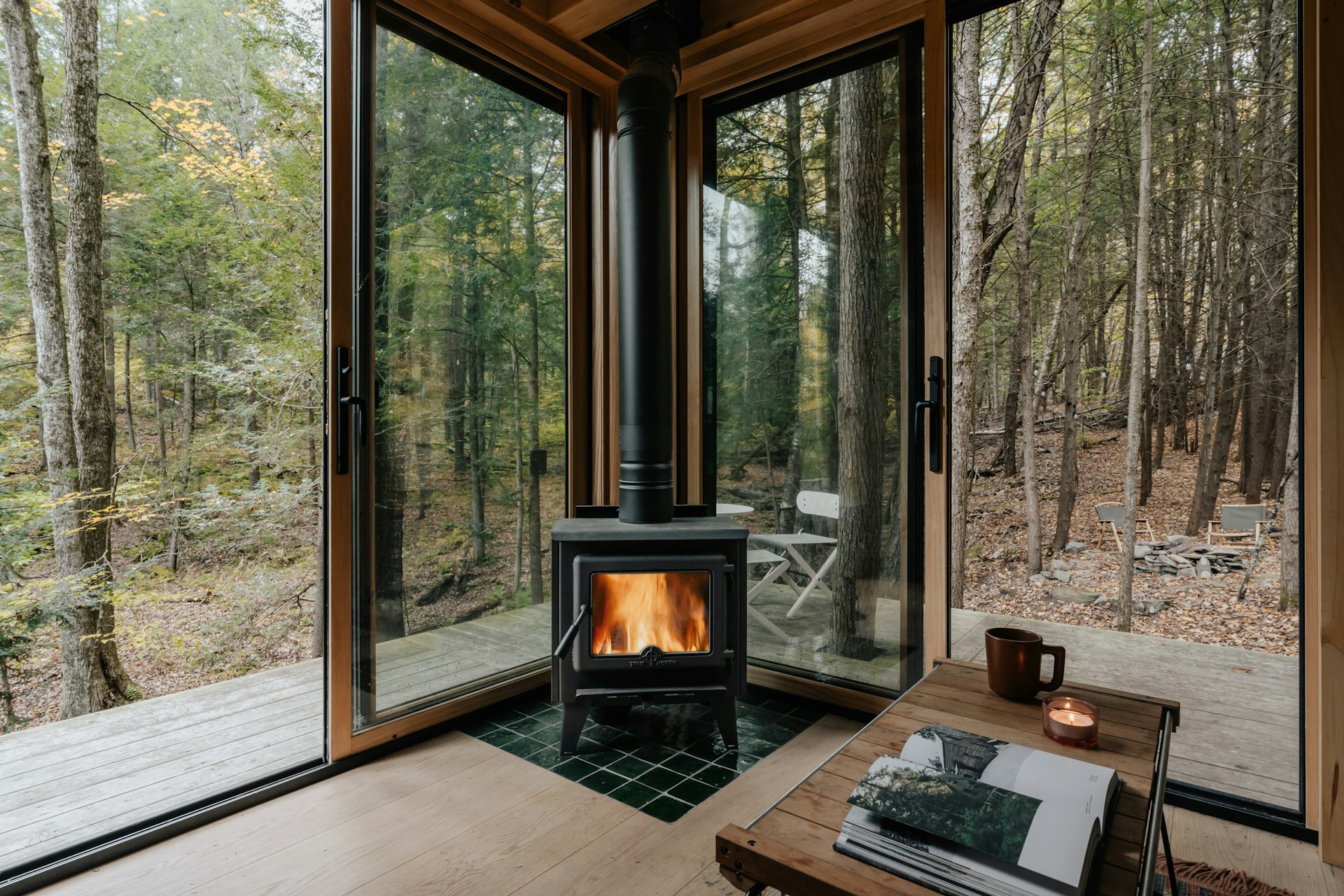 fireplace in front of the window